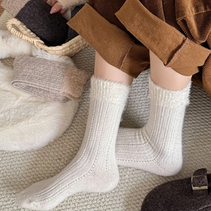Close-up of beige ribbed knit socks with soft white faux fur trim for winter styling