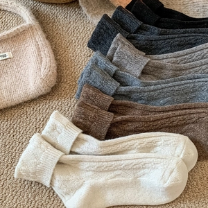 Detailed view of cable knit wool blend crew socks for men in assorted classic colors