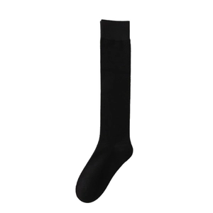Vertical striped wool calf socks in black with ribbed knit and elastic cuffs
