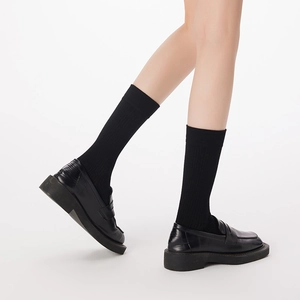 Retro Ancora Red vertical striped wool socks styled with black loafers on white background