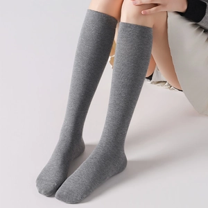 Detail showing the fine ribbing and knit texture of gray knee-high cotton socks
