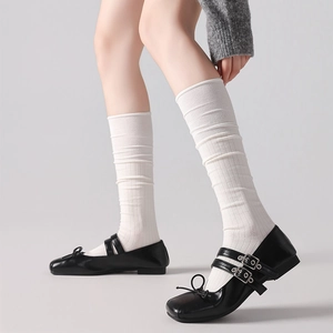 Detailed side view of white ribbed wool socks paired with black Mary Jane flats