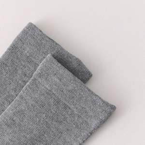 Close-up of grey knitted knee-high sock showing premium ribbed texture and fine stitching