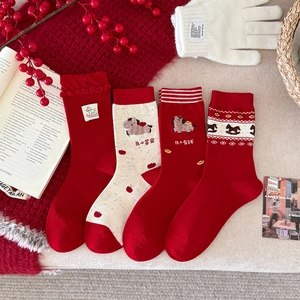 Chaussettes Mi-Mollet En Coton Pour Femmes Motif Cheval Dessin Animé Rouge Nouvel An Style Fair Isle Respirant