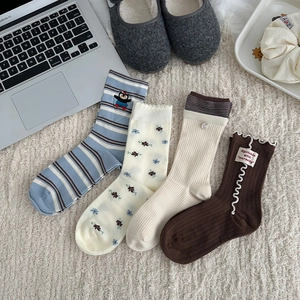 Women Cotton Knitted Mid Calf Socks Sweet Floral Striped Penguin Embroidery Ruffle Button Patch Casual Korean Style