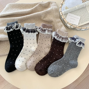 Vintage Women Wool Blend Slouch Socks Plaid Lace Trim Polka Dot Sweet Knitted Mid-Calf Warm Winter Socks