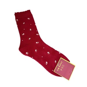 Deep red vintage floral wool socks with frill cuffs and warm knit texture for winter