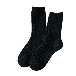 Mens thick black wool blend crew socks with vintage cable knit pattern for winter