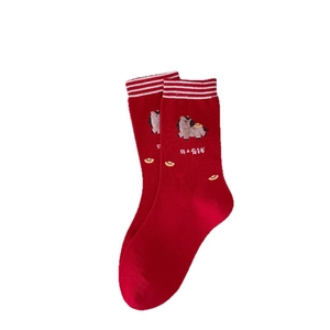 Chaussettes rouges mi-mollet avec motifs de poney cartoon et lingots d'or festifs