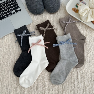 Chaussettes Mi-Mollet Pour Femmes En Coton Tricoté Doux Décor De Nœud Papillon Bordure De Laitue Style Collège