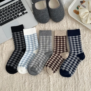 Women Mid Tube Socks Cotton Blend Knit Checkered Gingham Plaid Pattern Soft Breathable Korean Academy Style Casual