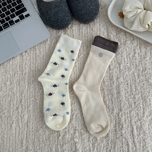 Detail of floral knit socks and ribbed button hosiery on a cozy aesthetic background
