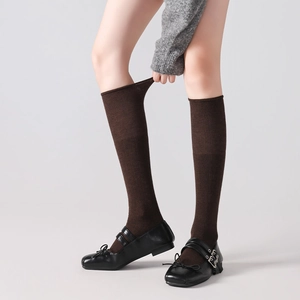 Detail of brown ribbed wool knee-high socks showing texture and stretch with Mary Jane shoes