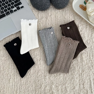 Detailed close-up of ribbed socks with ruffled edges and metallic button accents