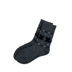 Deep grey thermal knitted crew socks with cute black cat pattern and blue rhombus details