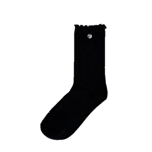 French retro black mid-calf socks with ruffle trim and decorative metal buttons