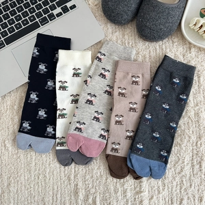Chaussettes Tabi Style Japonais Femmes Coton Respirant Imprimé Chien Dessin Animé Mignon Orteils Divisés Mi-Mollet Mode
