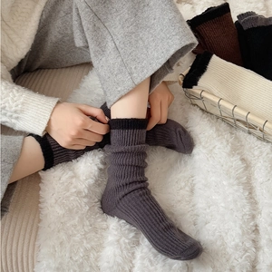 Detail of warm thick ribbed socks with contrast cuffs and soft knit texture