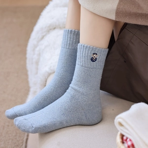 Japanese style cute bear embroidery grey-blue crew socks in warm wool knit for women