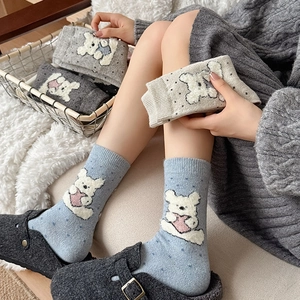 Cozy mid-calf socks with cute cartoon bear heart and polka dot patterns for women