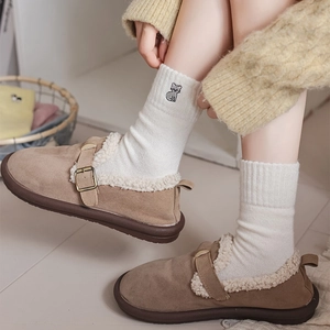 Japanese style cute cat embroidery crew socks paired with warm khaki wool suede loafers