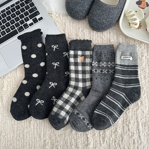 Five pack of Fair Isle style thick wool socks with polka dots and bear embroidery