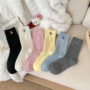 Japanese Style Cute Cartoon Embroidered Mid-tube Socks For Women Warm Wool Blend Slouch Socks Soft Cream Style Socks For Girls Students