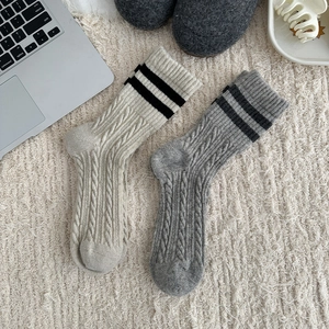 Japanese style wool cable knit crew socks in beige and grey with contrast stripes