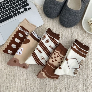 Lot de 5 paires de chaussettes mi-mollet marron en coton pour femme avec ours et cœurs