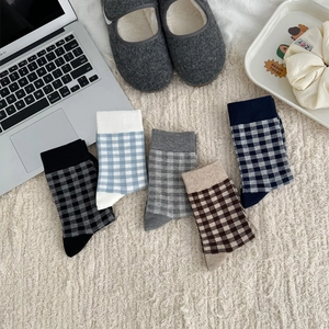 5-pack check pattern cotton crew socks for women in blue, grey, and brown colors