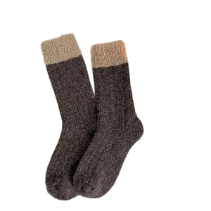 Thick wool blend socks with vintage color-block plush cuffs and ribbed texture