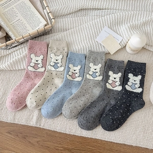 Women Thick Warm Slouch Socks Cartoon Bear Heart Polka Dot Knitted Mid-Tube Socks For Winter Preppy Academy Style Socks