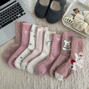 Women Sweet Pink Wool Blend Slouch Socks Autumn Winter Warm Thick Floral Lettuce Trim Embroidery Pattern Cute Crew Socks