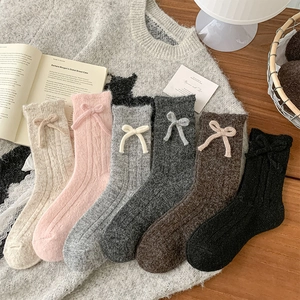 Women Sweet Bow Slouch Socks Wool Blend Thickened Warm Knitted Mid-Calf Socks With Vertical Stripes Lettuce Trim