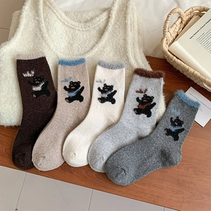 Women Wool Blend Thickened Warm Slouch Socks Cute Cartoon Bear Pattern Plush Cuff Mid-Tube Jacquard Winter Home Socks