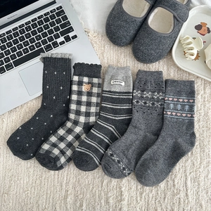 Cozy grey Fair Isle wool socks set with Nordic patterns and cute cartoon embroidery