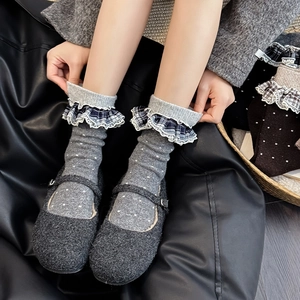 Retro grey wool socks with white polka dots and blue plaid lace trim in Mary Jane shoes