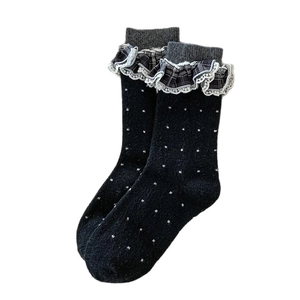 Vintage wool socks with polka dots and lace trim for women in retro Korean style