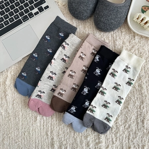 Détail de chaussettes à deux orteils avec chiots en cinq couleurs sur un tapis
