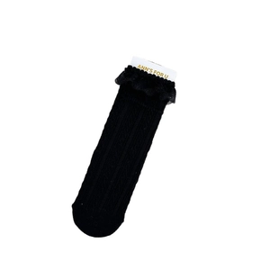 Black cotton crew socks with double-layered lace trim and classic vertical rib knit texture