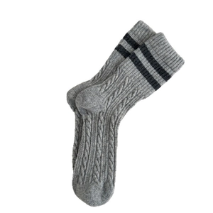 Gray cable knit wool socks with black stripes, ideal for autumn and winter outfits