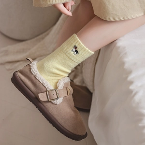 Japanese style warm wool socks with cute puppy embroidery and cozy brown flat loafers
