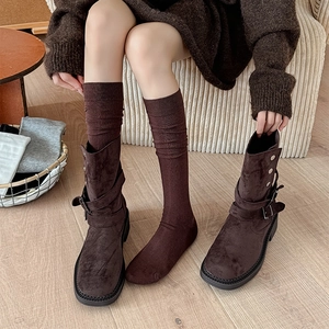 Retro coffee brown calf length socks with suede boots and decorative metal buckles