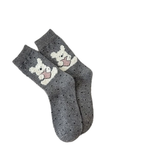 Gray thick thermal socks with cartoon bear heart pattern and ribbed cuffs for women