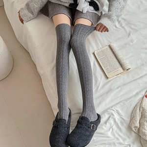 Grey cable knit over-the-knee socks for women in warm cotton blend for winter boots