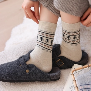 Fair Isle wool socks with green pine trees paired with cozy felt mule slippers on rug