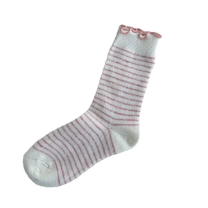Pink and white striped wool socks with sweet ruffled cuffs for women winter warmth