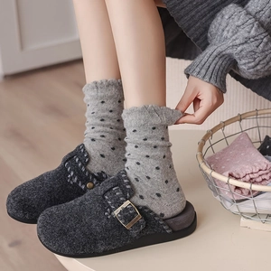 Deep grey wool slippers with metal buckle and warm black polka dot mid-tube socks