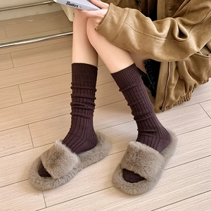 Japanese style brown ribbed calf socks paired with grey plush indoor open-toe slippers