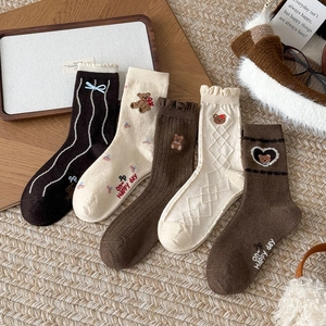Vintage Brown Embroidered Bear Wool Polyester Socks Women Autumn Winter Thick Warm Cute Bow Ruffled Slouch Socks Ladies